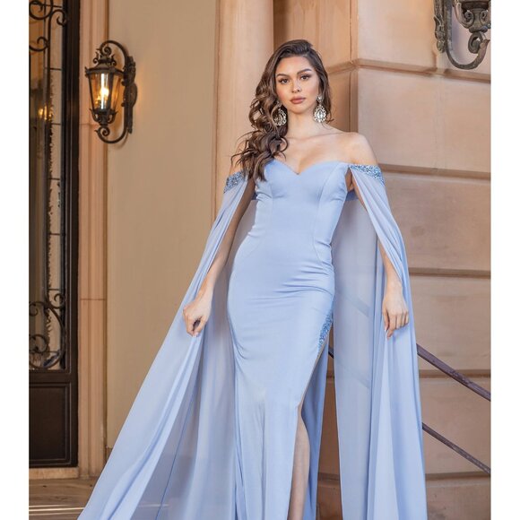 New Off Shoulder Sheath Dress w/ Beads Embroidery & Shoulder Drapes DQ 4306 - Picture 3 of 9